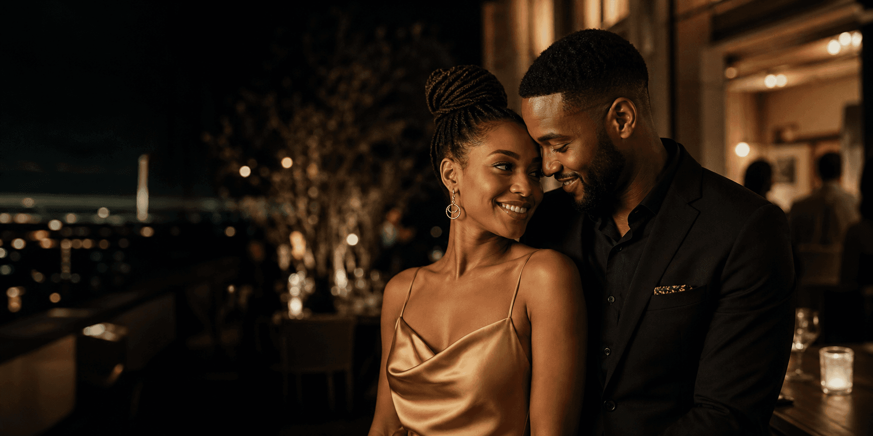 A couple sharing a warm moment at night